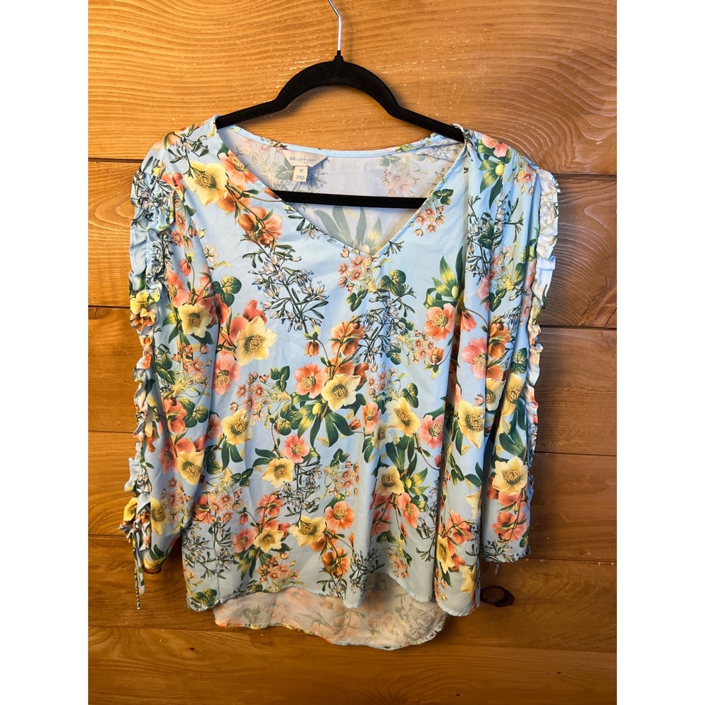 Belle Sky Floral Print Blouse Top Women's Medium V Neck Long Sleeve office casua
